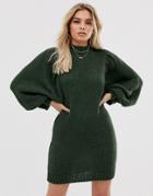 Asos Design Mini Sweater Dress In Lofty Yarn With Volume Sleeve - Green