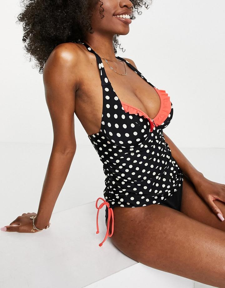 Figleaves Tuscany Spot Underwired Tummy Control Tankini Top In Black White Sunset Red