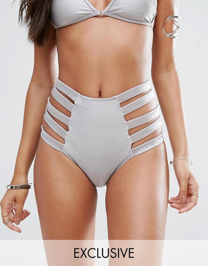 And Co Satin Rib Brazilian Bikini Bottom - Silver