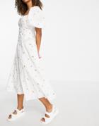 Asos Design Premium Puff Sleeve Trapeze Midi Dress With Shirred Sides In Floral Embroidery-white