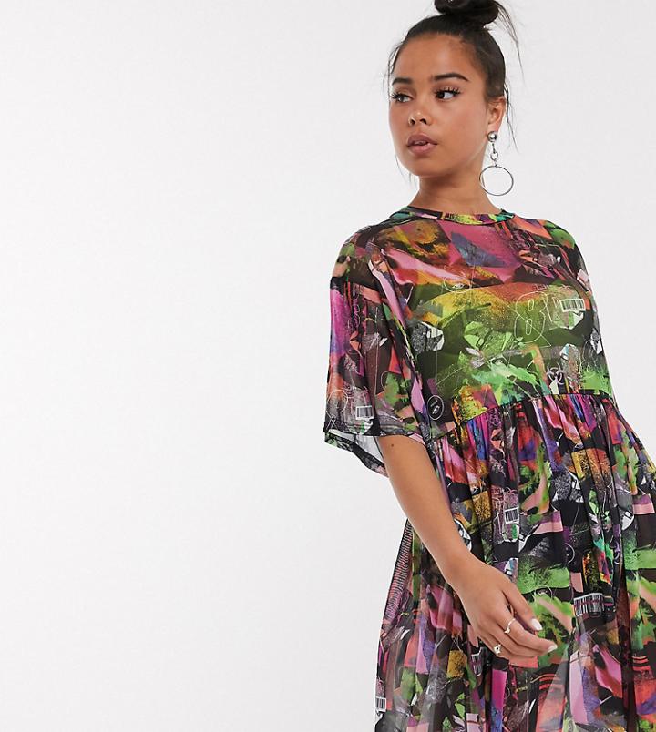 Collusion Fresha Print Mesh Smock Mini Dress-multi
