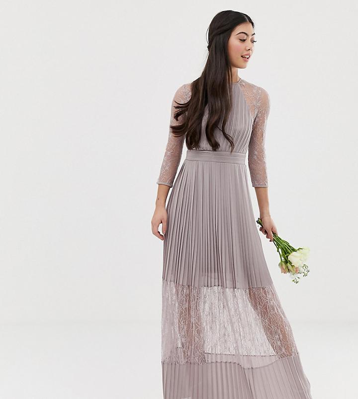 Tfnc Petite Bridesmaid Exclusive Pleated Maxi Dress With Lace Insert In Gray