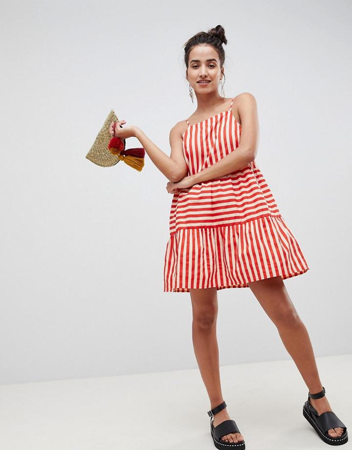 Asos Design Cotton Tiered Mini Sundress In Stripe - Multi