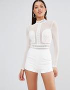 Missguided Lace Embroidered Playsuit - White