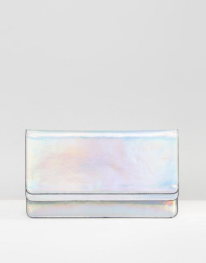 Asos Double Flap Slim Holographic Clutch Bag - Silver