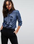 Sisley Denim Look Shirt With Ruffles - Blue