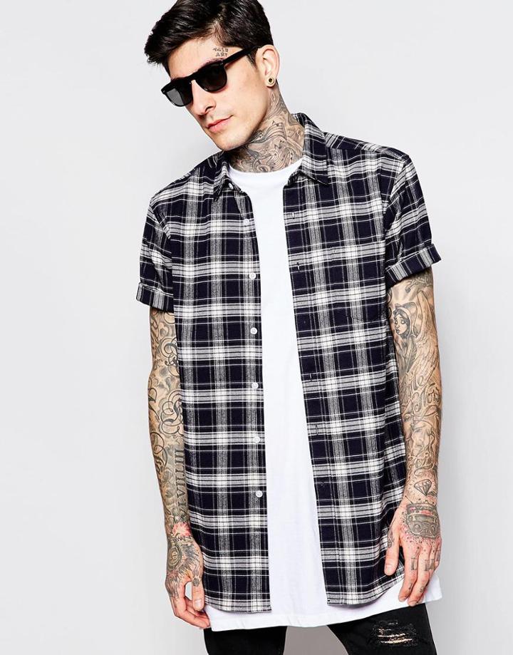 Asos Check Shirt In Flannel With Short Sleeve Longline - Navy