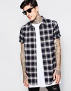 Asos Check Shirt In Flannel With Short Sleeve Longline - Navy