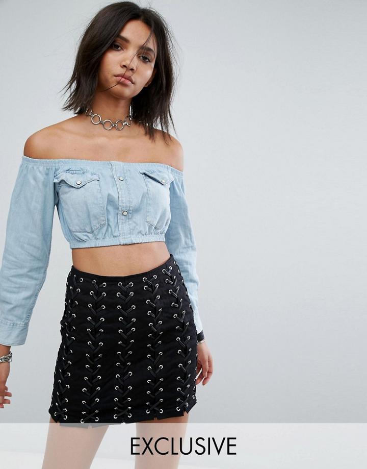 Milk It Vintage Off Shoulder Crop Top In Denim - Blue