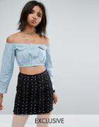 Milk It Vintage Off Shoulder Crop Top In Denim - Blue
