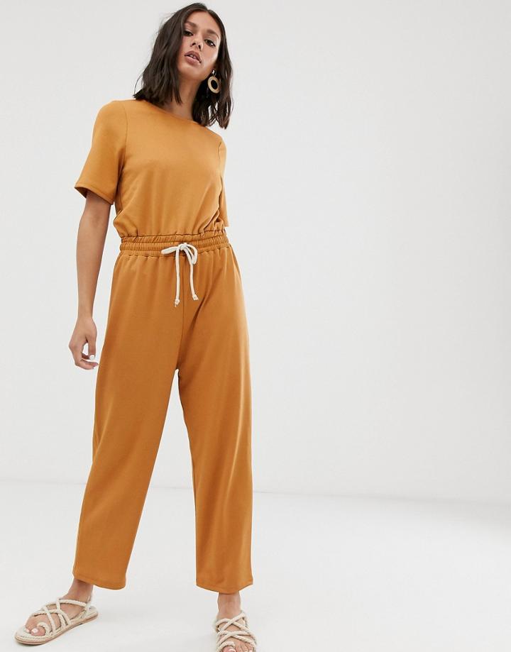 Asos Design Textured Tie Waist Jumpsuit With Rope Detail - Beige
