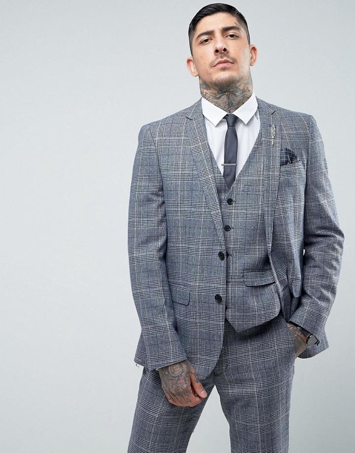 Harry Brown Slim Fit Tweed Checked Suit Jacket - Blue