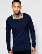 Asos Muscle Long Sleeve T-shirt With Square Neck In Navy - Navy