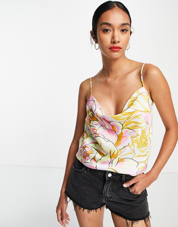 River Island Satin Cowl Neck Cami In Pink Floral Print