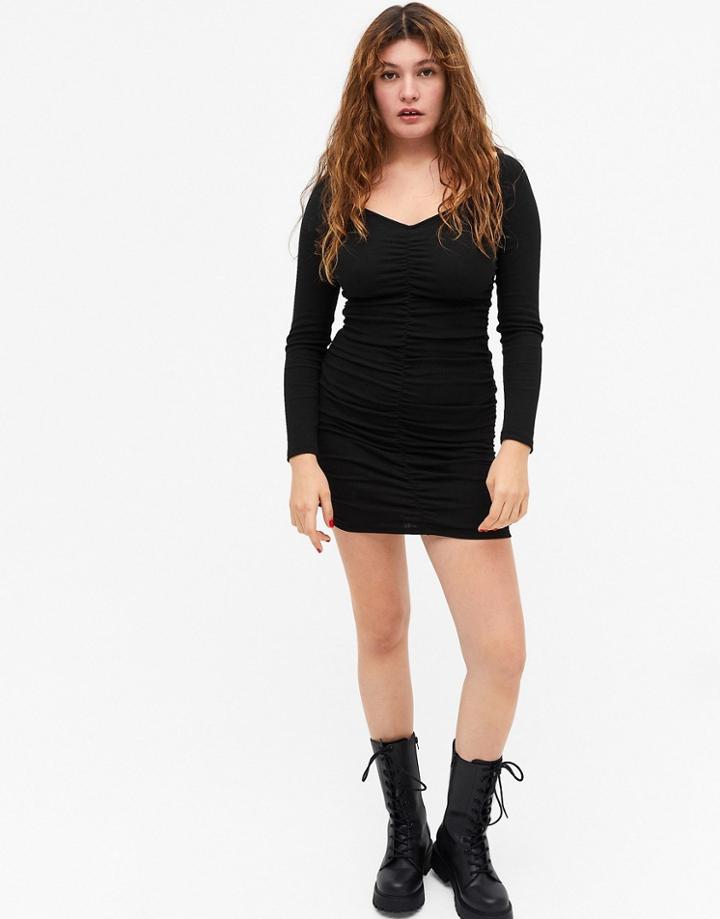 Monki Tua Ruched Long Sleeve Mini Dress In Black