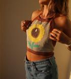 Labelrail X Collyer Twins Halterneck Sunflower Crochet Knitted Crop Top In Multi-black