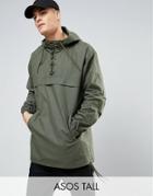 Asos Tall Over Head Windbreaker With Lace Up Detail In Khaki - Green