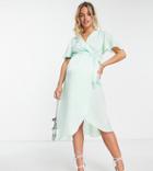 River Island Maternity Flutter Sleeve Satin Wrap Midi Dress In Sage Green