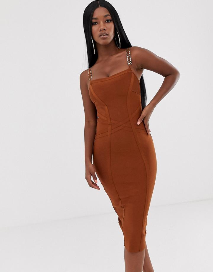 Lipsy Square Neck Bandage Midi Dress With Strappy Back In Ginger - Brown