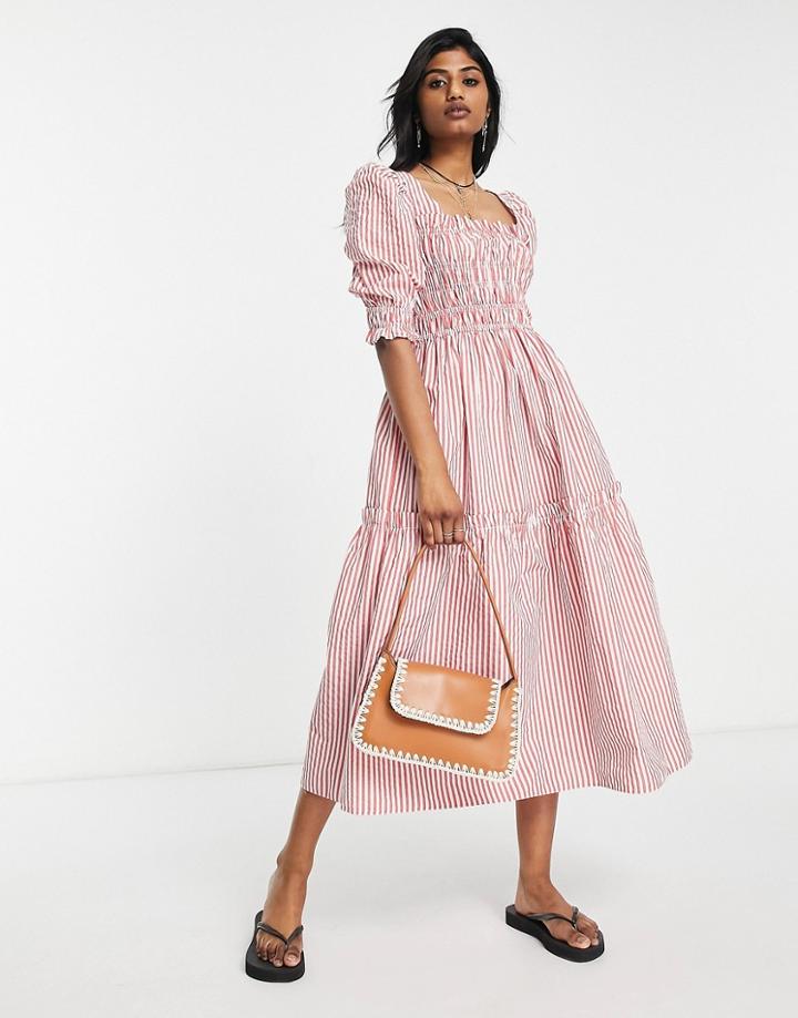 Topshop Striped Poplin Tiered Midi Dress In Red