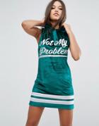 Asos Sleeveless Velvet Hoodie Mini Dress With Varsity Print - Green