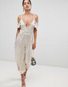 Rare Cold Shoulder Metallic Culotte Jumpsuit - Gold
