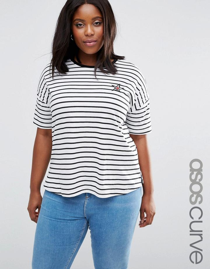 Asos Curve Longline Stripe T-shirt With Sequin Star Badge - Multi