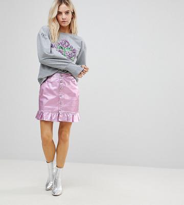 Chorus Petite Pink Foiled Denim Skirt With Frill Hem - Pink