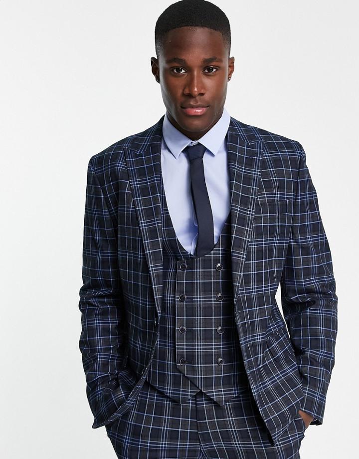 Asos Design Wedding Slim Suit Jacket In Navy Check-red