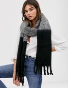 Asos Design Fluffy Two Tone Color Block Scarf With Tassels In Gray And Black - Multi