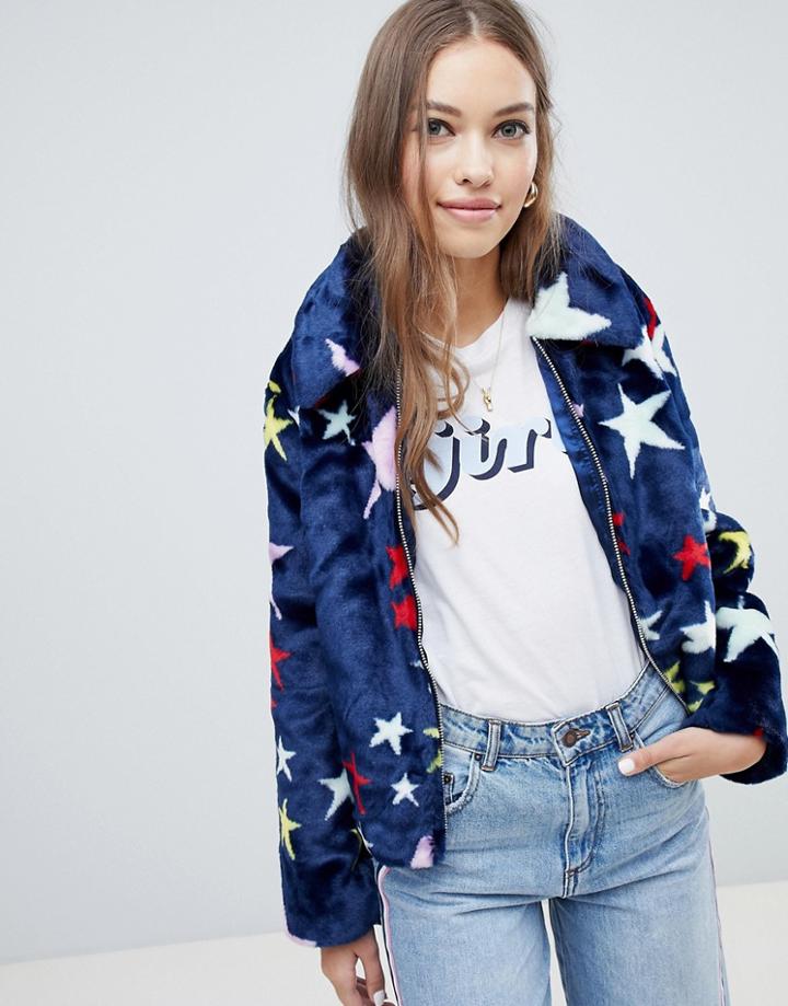Asos Design Faux Fur Jacket In Star Print - Multi