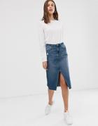 Only Denim Midi Skirt With Front Split - Blue