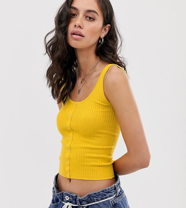 Bershka Popper Detail Ribbed Tank In Mustard-yellow