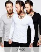 Asos Extreme Muscle Long Sleeve T-shirt With V Neck 3 Pack Save 21% - Multi