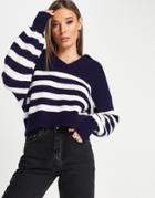 Asos Design Oversized Sweater With Collar In Stripe-navy
