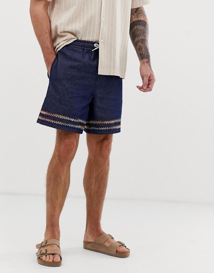 Asos Design Denim Shorts With Printed Tape In Indigo - Blue
