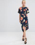 Asos Wiggle Dress In Navy Large Scale Floral Print - Multi