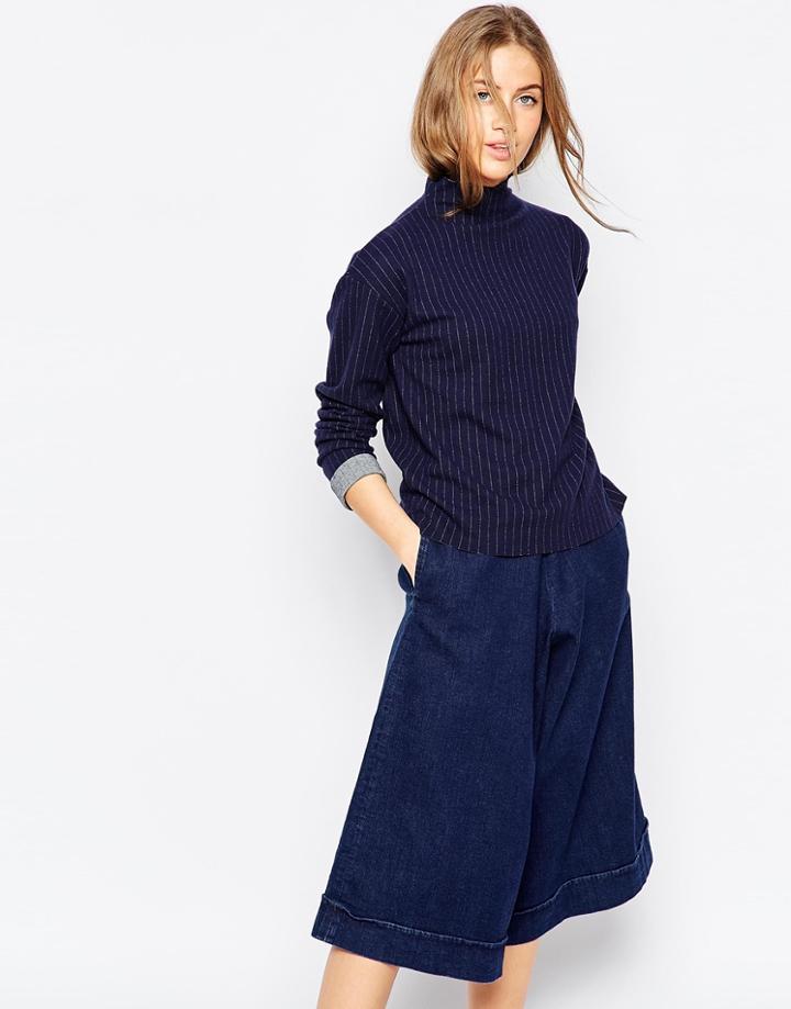 Asos Sweatshirt With Funnel Neck In Pinstripe - Navy
