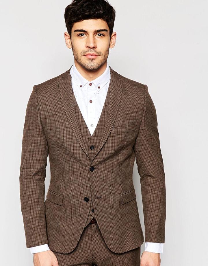 Selected Homme Skinny Houndstooth Suit Jacket With Stretch - Brown