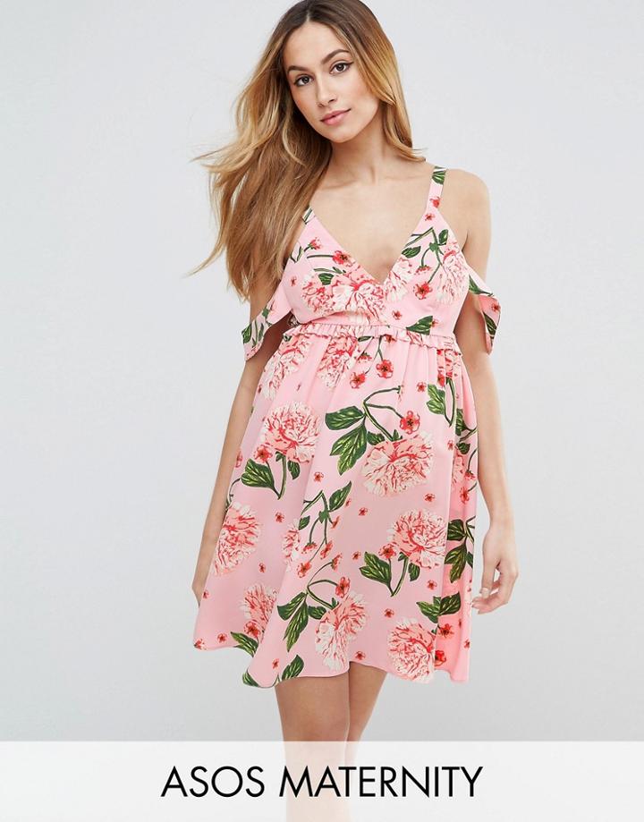 Asos Maternity Pretty Floral Cold Shoulder Mini Smock Dress - Multi