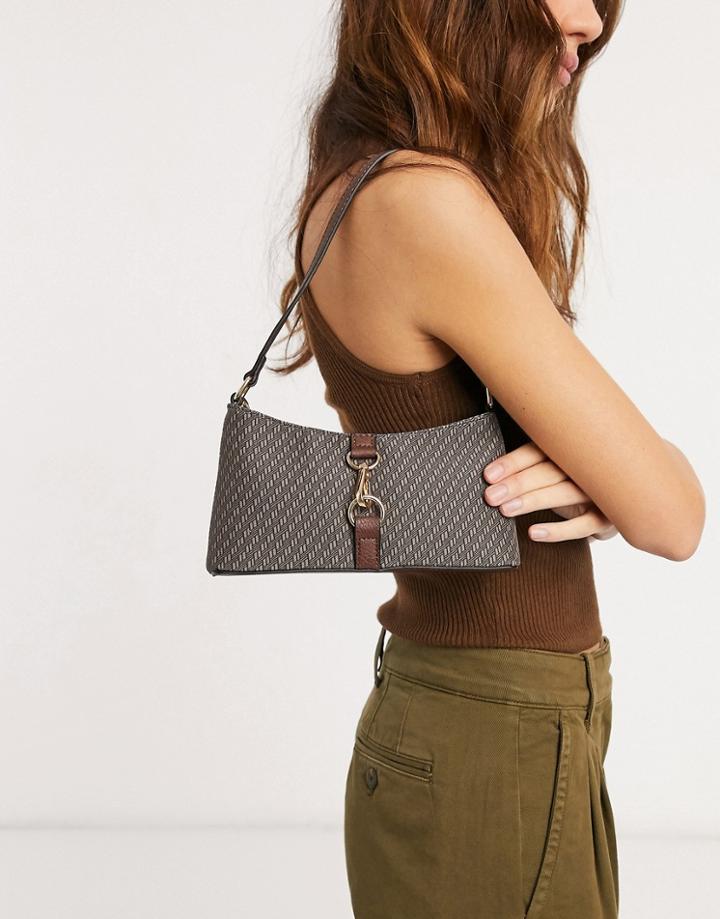 Asos Design 90s Shoulder Bag In Monogram Print With Hardware Clip-brown