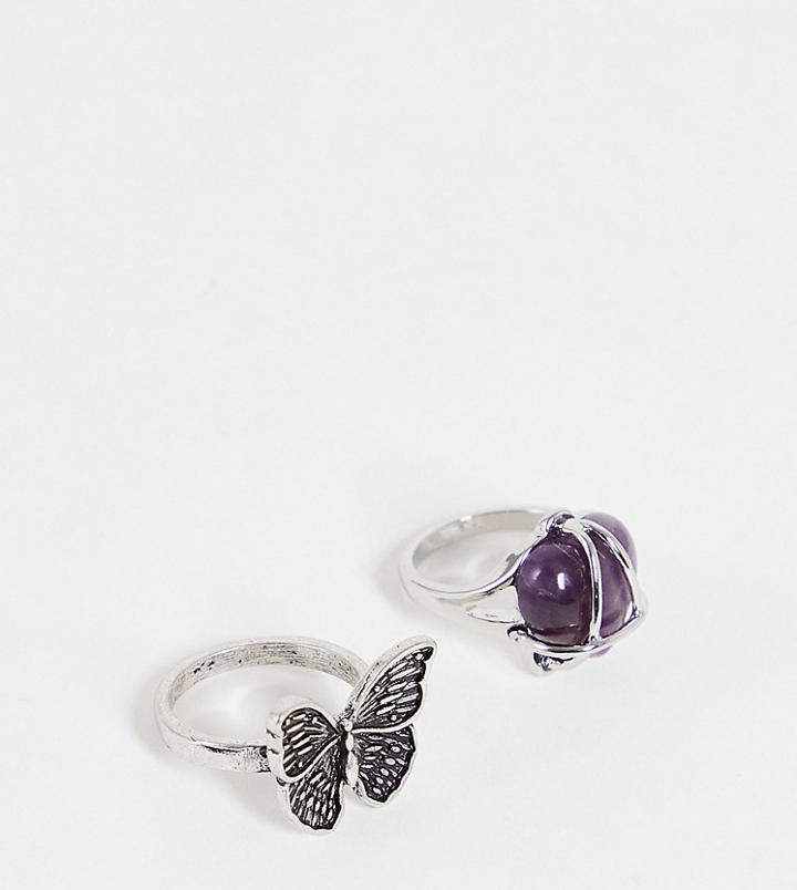 Reclaimed Vintage Inspired Butterfly And Amethyst Ring Pack-silver