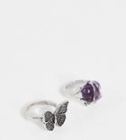 Reclaimed Vintage Inspired Butterfly And Amethyst Ring Pack-silver