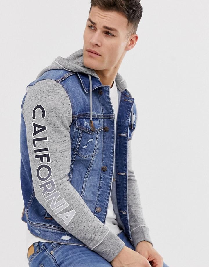 Hollister Denim Trucker Jacket In Medium Wash With Jersey Hood - Blue