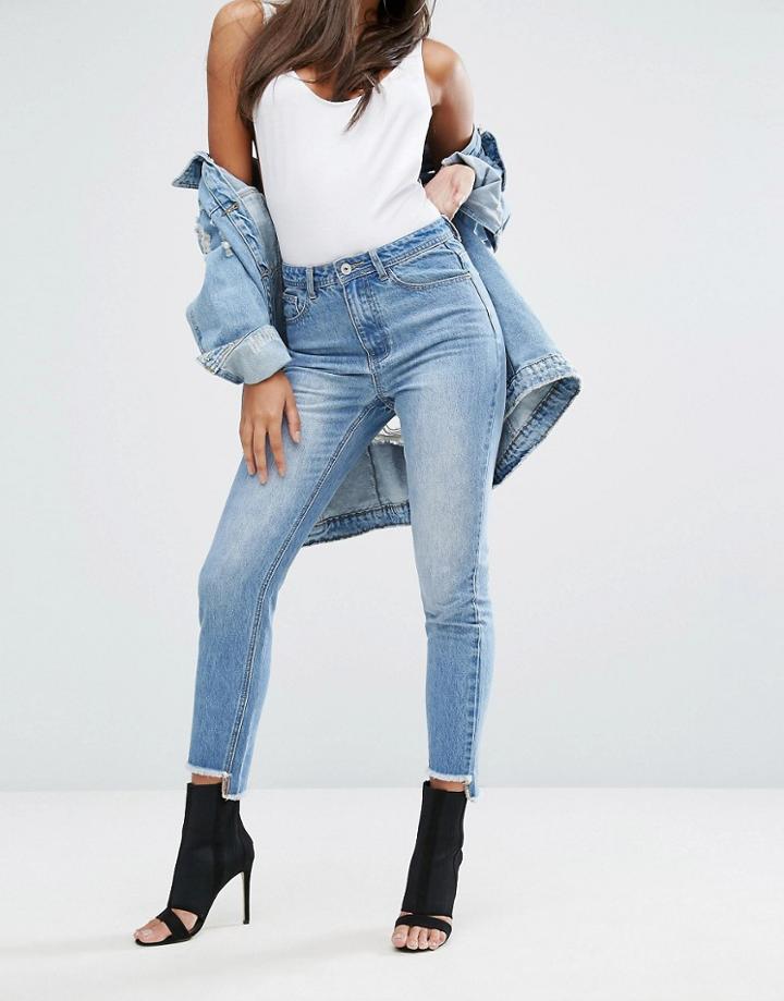 Missguided Riot High Rise Stepped Hem Skinny Jeans - Gray
