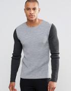 Asos Muscle Fit Crew Neck Jumper With Contrast Sleeves - Gray And Charcoal