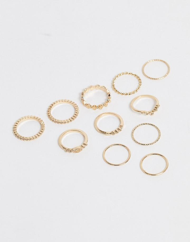 Asos Design Pack Of 11 Rings With Engraved Ball And Diamond Designs In Gold Tone