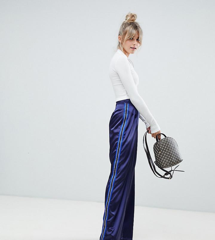 Boohoo Side Stripe Satin Wide Leg Pants In Navy - Navy