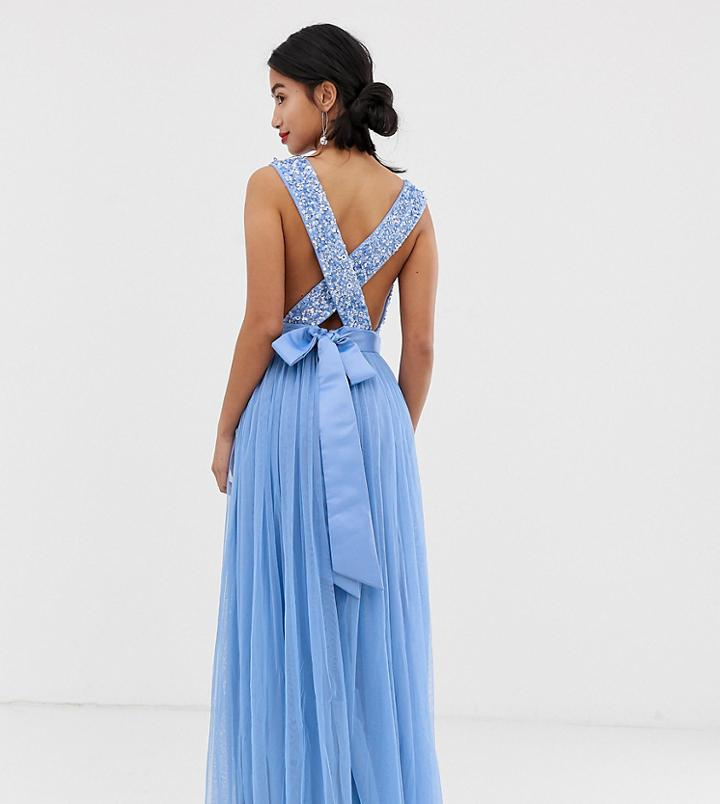 Maya Petite Delicate Sequin Bodice Maxi Dress With Cross Back Bow Detail In Bluebell - Blue