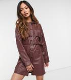 Fashion Union 70s Faux Leather Belted Mini Shirt Dress With Fringe-brown